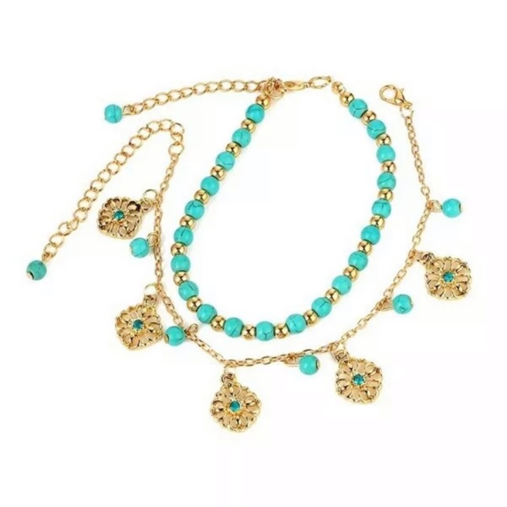 Boho Bohemian Gold Toned Turquoise Beaded Anklet - Picture 5 of 13